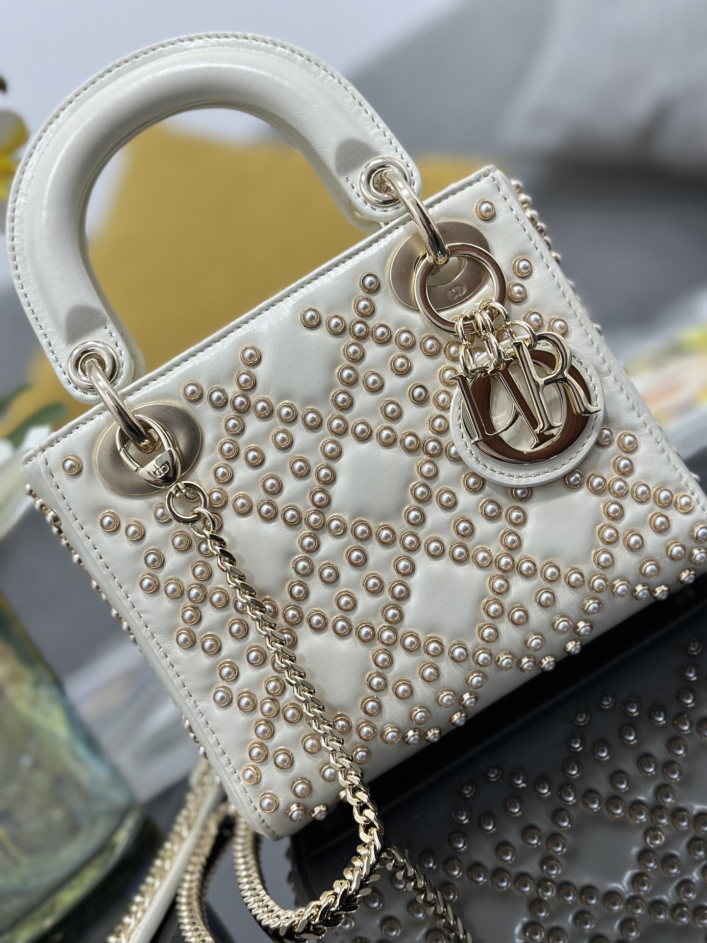 Mini Lady Dior Bag White Calfskin Embroidered with Pearl Nail